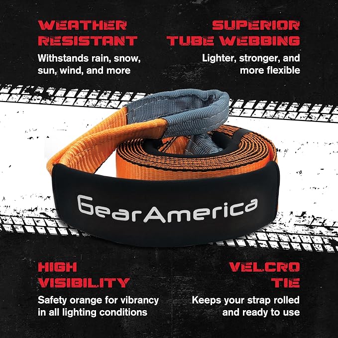 GearAmerica Heavy Duty Tow Strap 3" x 8' Tree Saver Winch Strap - 35,053 lbs (17.5 US Tons) Recovery Rope for Offroad, Weather Resistant with Triple Reinforced Loops - ATV Accessories