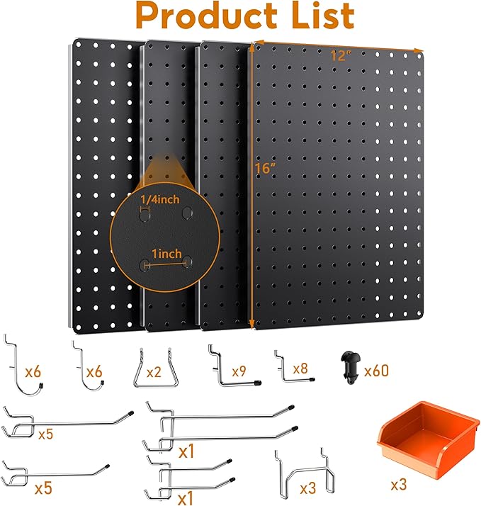 Peg Board, 110pcs Metal Pegboard Kit, Includes 4 Pack Black Peg Board Panels with Accessories and Hook Locks, Large Heavy Duty Peg Boards for Walls Home, Garage Tool Storage, Workbench