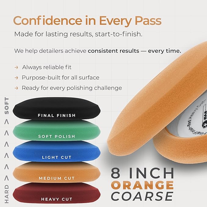 TCP Global 8" Orange Foam Buffing Pad Extra Coarse Cutting Polish Hook and Loop Backing - Buffing Pad for Automotive, Marine, Truck, RV & Compound Cutting