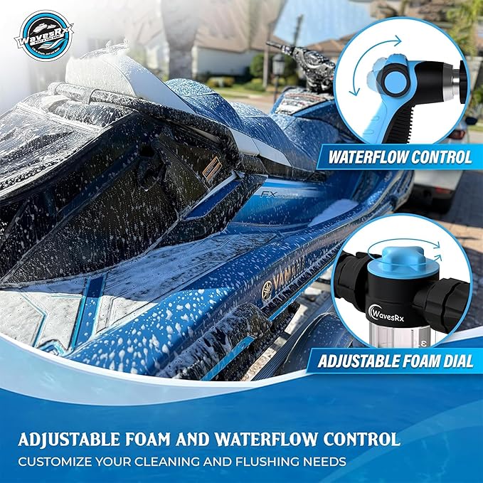WAVESRX PWC & Boat Wash Sprayer & Engine Flush Mixer to Wash Salt Away | Dual-Use Marine Soap Foamer to Quickly Wash and Rinse | Cleaning Kit for Boating with Garden Hose Quick-Connect