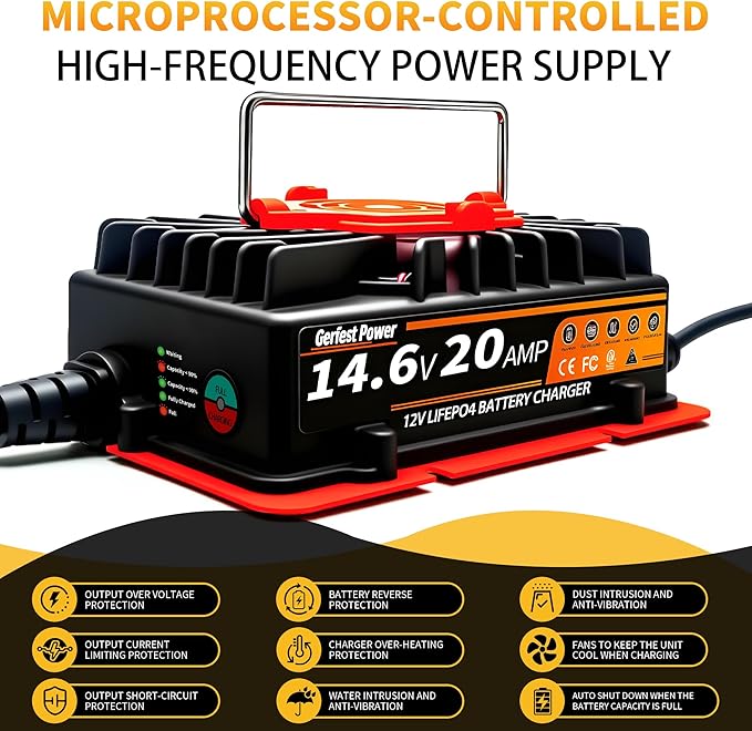 12V 20A LiFePO4 Battery Charger 【Smart, Waterproof, Temperature Control, 2 Universal Connectors】 14.6V Lithium Battery Charger for RV, Marine, Solar, Off-Grid, Home Deep Cycle Battery