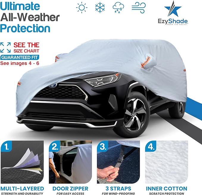 EzyShade 10-Layer SUV Car Cover Waterproof All Weather. See Vehicle Size-Chart for Accurate Fit. Outdoor Full Exterior Covers for Automobiles Heavy Duty Tarp Jeep Rav4 CRV. Size S3 (See SizeChart)