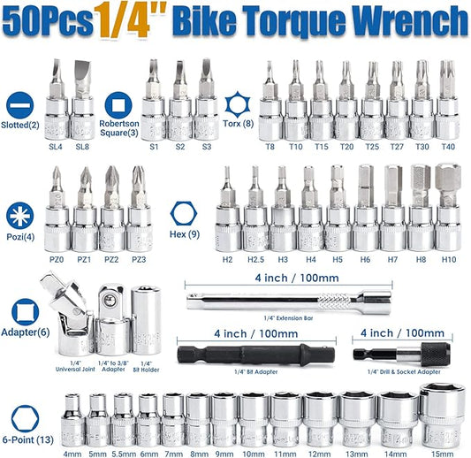 50Pcs Master Bike Torque Wrench Set, 1/4 Inch Drive, 10-230 IN.LB (1-26.0 Nm), Inch Pound Click Torque Wrench with Bit Sockets, 0.1 Nm Micro, 3/8 Adapter, Pro Bicycle Tool Kit for MTB