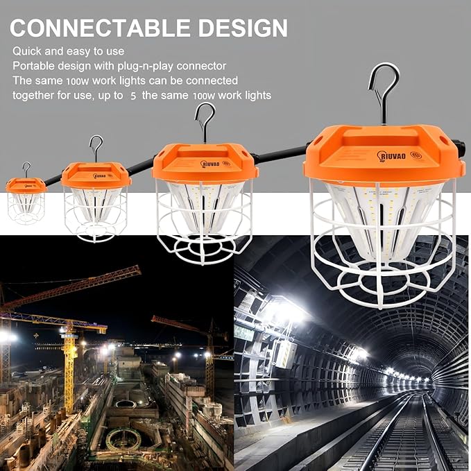 LED Temporary Work Light 100W, 15000Lm, 5000K Daylight White, Portable, Connectable LED Worksite Light with Hook, IP65 Dustproof and Waterproof, Suitable for Wet Locations and Construction Sites