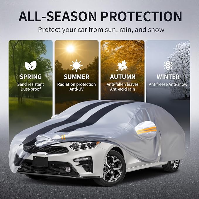 Multi-Layer Car Cover Custom Fit for Kia Forte(2009-2026), 100% Waterproof All Weather for Automobiles, Gift with Towel, Heavy Duty Car Covers for Rain Sun UV Protection with Door Zipper