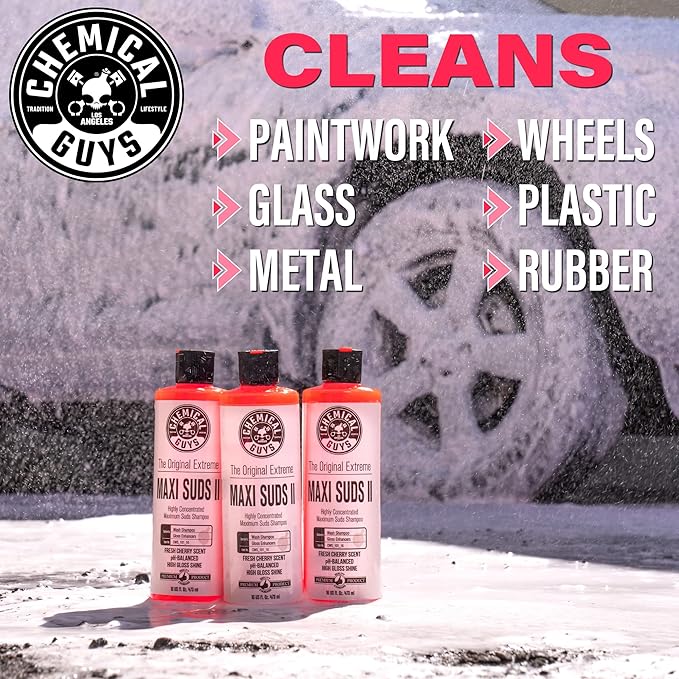 Chemical Guys CWS_101_64BK Car Wash Detailing Bucket, Mitt & Accessories Bundle (6 Items) Featuring Maxi-Suds II Foaming Car Wash Soap 64 oz (.5 Gal) Cherry Scent - Works on Cars, Trucks, SUVs, & More