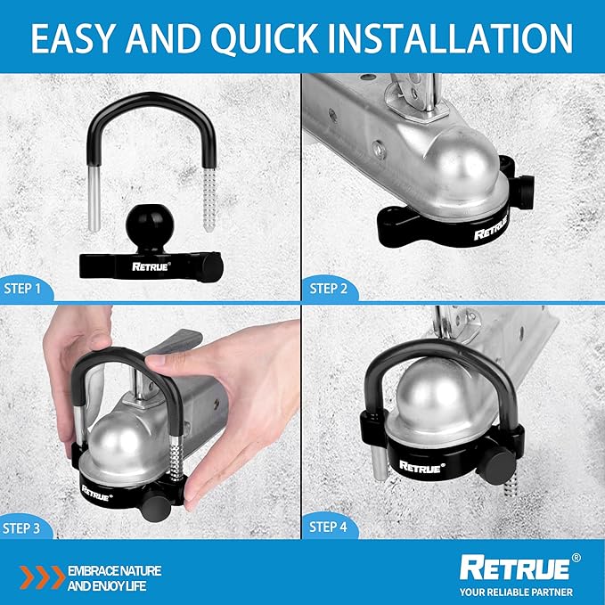 RETRUE Universal Trailer Ball Lock Hitch Coupler Locks Fits 1-7/8 Inch, 2 Inch, 2-5/16 Inch Couplers Adjustable Security with Weatherproof Cover and Cap, Black