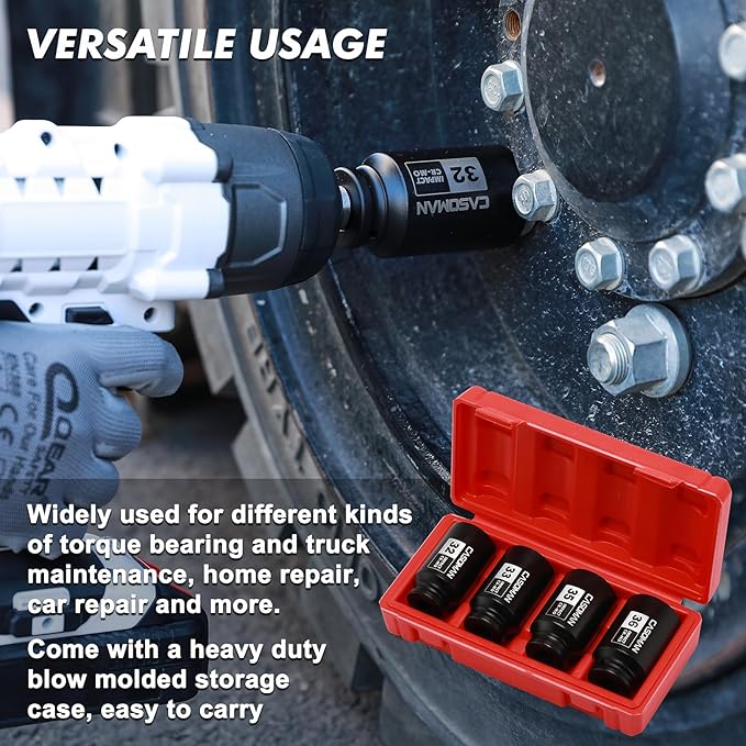 CASOMAN 1/2'' Drive Deep Spindle Axle Nut Impact Socket Set, 6 Point, CR-MO,32,33,35,36mm, 4PC 1/2-Inch Impact Socket Set, Heavy Duty Use In Removing And Installing Axle Nuts