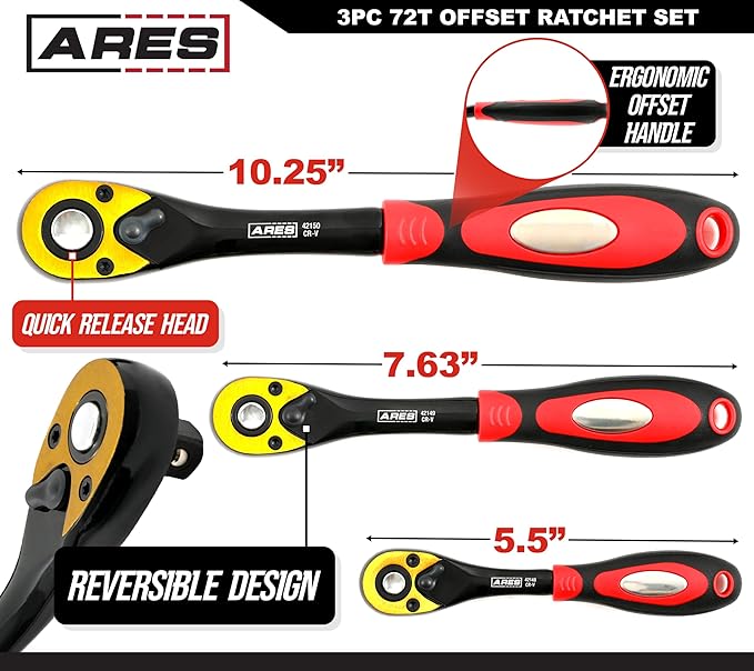 ARES 42147-3-Piece 72 Tooth Offset Ratchet Set - Chrome Vanadium Tools, Offset Handles - Quick Release for Easy Socket Change - Reversible Design - 5 Degree Swing – Automotive Ratchet Set