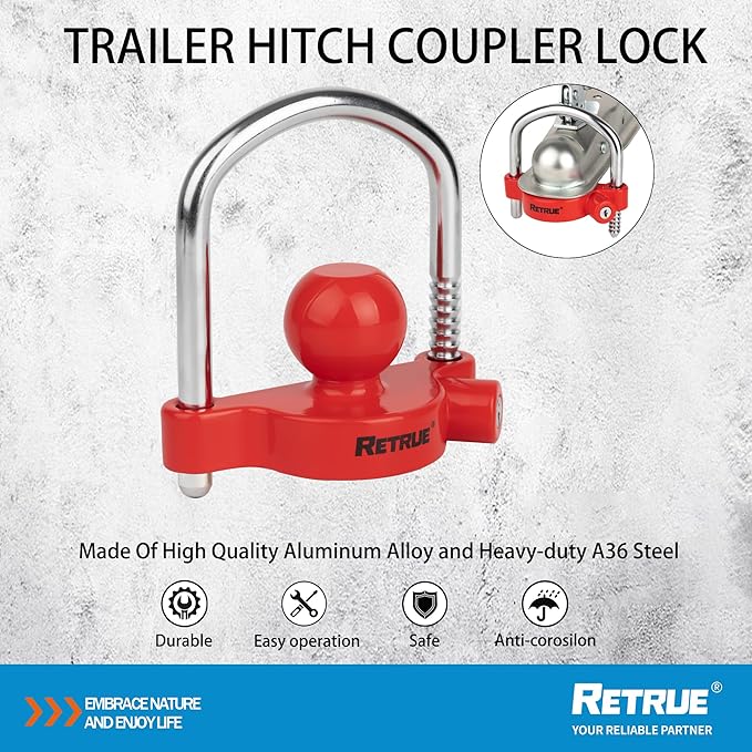 RETRUE Universal Coupler Lock Trailer Locks Ball Hitch Trailer Hitch Lock Adjustable Security Heavy-Duty Steel Fits 1-7/8 Inch, 2 Inch, 2-5/16 Inch Couplers, Red