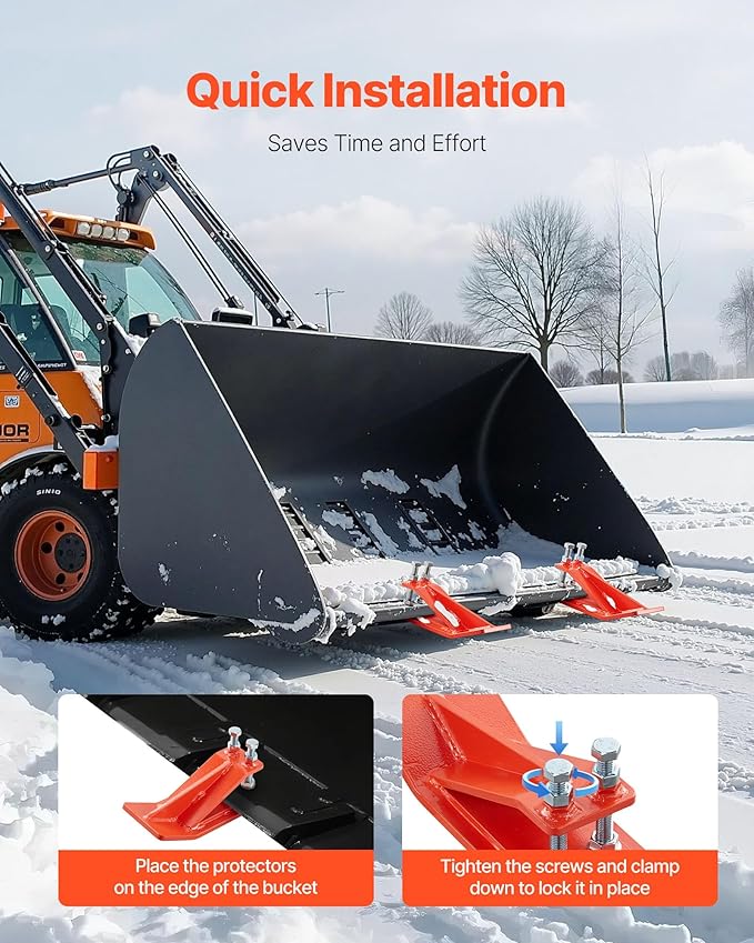 VEVOR Tractor Bucket Protector, 2PCS Heavy Duty Steel Bucket Edge Protectors, Anti-Skid Device with Double Hexagon Lock Nuts and Bolts, for Snow, Leave Removal & Spreading Gravel (Orange)