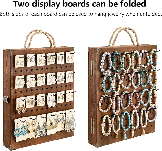 MOOCA Wooden Foldable and Portable 2 Panel Pegboard Jewelry Display Organizer with 48 Removable Black Metal Hooks & Convenient Rope Handle for Easy Carrying, Dual-Sided Panels for Hanging, Brown Color