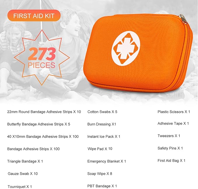 First Aid Kit Emergency Kit Camping Essentials Car-Home Orange First-Aid Bag - 277 Piece Emergency Supplies Hiking First Aid Kit for Backpack Survival Kits for Disaster Preparedness YIDERBO