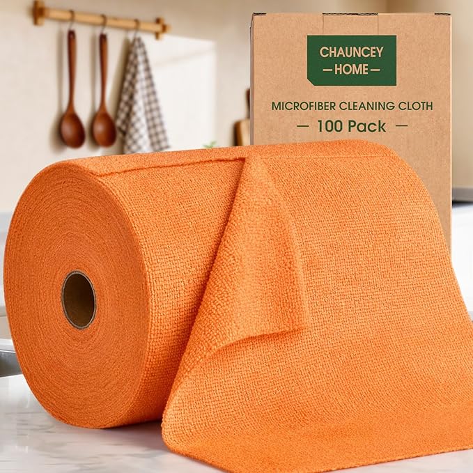Microfiber Cleaning Cloth Roll–100 Pack, Tear Away Microfiber Towels, Reusable, Washable, Scratch-Free, Kitchen Towels for Car, Home, Kitchen, Glass, Dishes(Honey Orange)