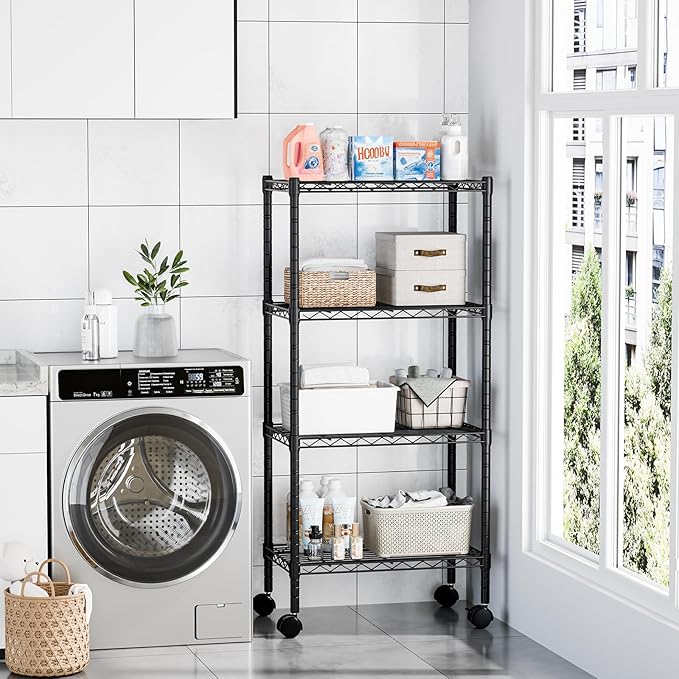 DUMOS 2 Pack 3Tier 4Tier Metal Shelving, Heavy Duty Shelves Wire Shelving Unit with Removable Wheel Casters, Shelves Organizer for Bathroom Garage Living Room Kitchen Pantry Laundry