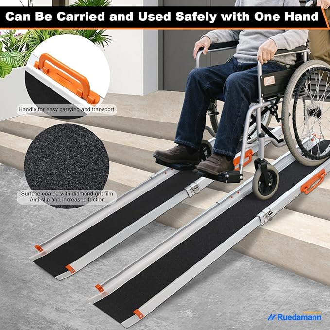 Ruedamann 7FT x 8.3" Adjustable Wheelchair Ramp with Handle, Telescoping Portable Wheelchair Ramp for Home Steps, 600lbs Capacity, Non-Skid Lightweight Scooter Ramp for Van, MPV, Caravan 2Pcs