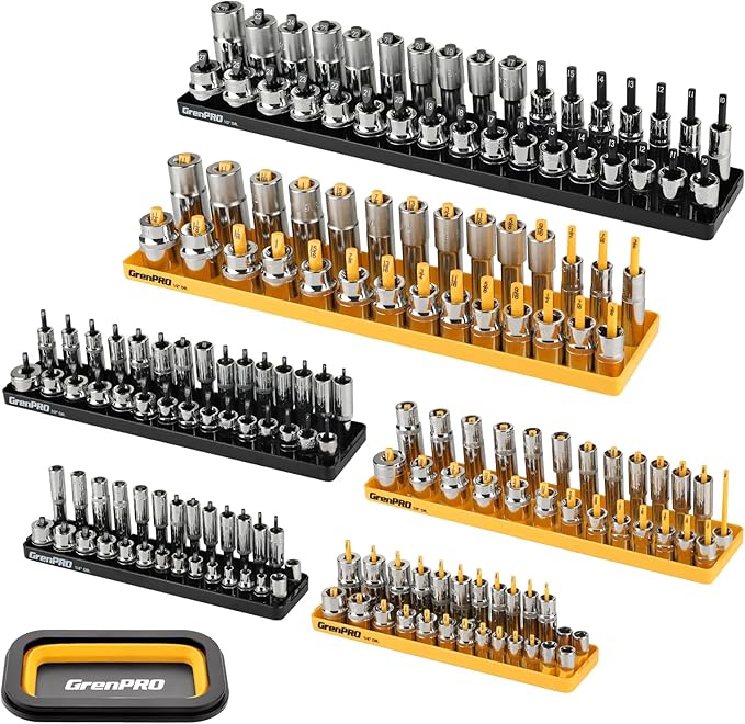 7PCS Socket Organizer Tray Set with Mini Folding Tray, Yellow & Black Magnetic Socket Holder for 1/4", 3/8", 1/2" Drive Metric and SAE Sockets