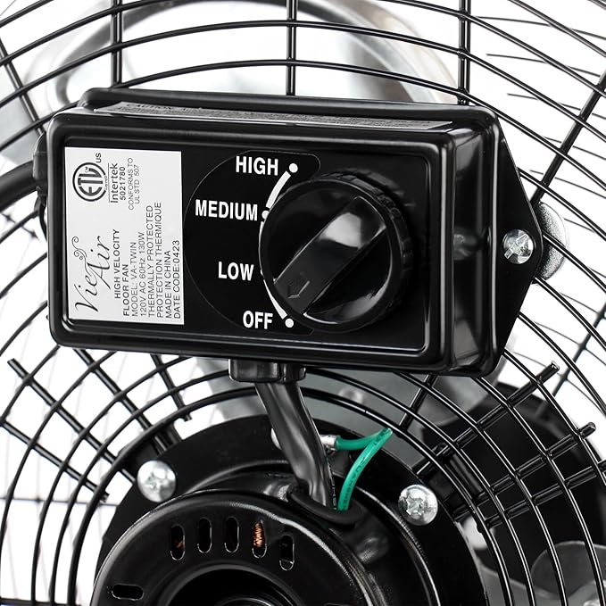 Vie Air 20 Inch Twin Pack Industrial Tilting High Velocity 3 Speed Metal Floor Fan, Black