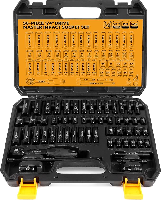 ELEAD 1/4" Drive Impact Socket Set, 56-Piece Standard SAE (5/32 to 9/16 inch) and Metric (4-15mm) Size, Deep & Shallow, 6 Point, Cr-V, 72-Tooth Ratchet Handle, Extension Bar, Universal Joint