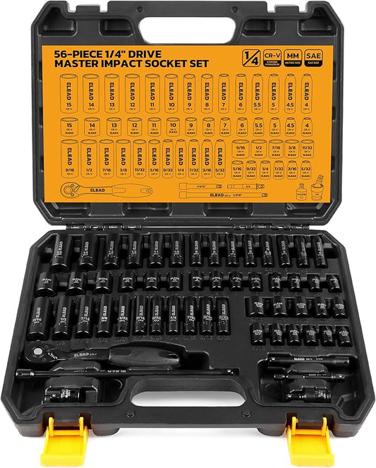 ELEAD 1/4" Drive Impact Socket Set, 56-Piece Standard SAE (5/32 to 9/16 inch) and Metric (4-15mm) Size, Deep & Shallow, 6 Point, Cr-V, 72-Tooth Ratchet Handle, Extension Bar, Universal Joint