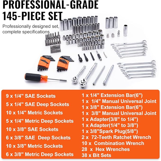 VEVOR Mechanics Tool Set and Socket Set, 1/4" and 3/8" Drive Deep and Standard Sockets, 145 Pcs SAE and Metric Mechanic Tool Kit with Bits, Combination Wrench, Hex Wrenches, Accessories, Storage Case