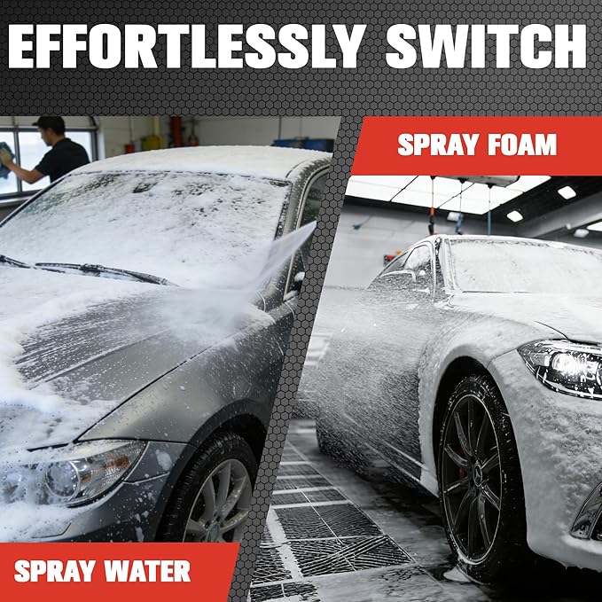 High-Pressure Washer Foam Cannon Accessory, Features a Dual-Connector Design, Includes a 1-Liter Capacity Bottle, 5 nozzles, and an Extension Rod. The Spray Bottle Capacity is 1 Liter/0.26 gallons