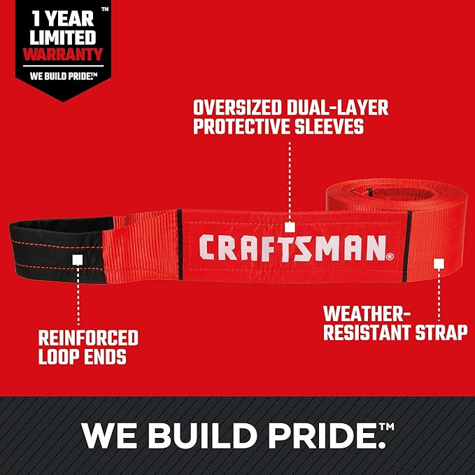 Craftsman CMXAZBS2003 Black/Red 4” x 30’ Heavy-Duty Recovery Tow Strap with Loop Ends - 6,666 lb Safe Wortking Load / 20,000 lb Break Strength