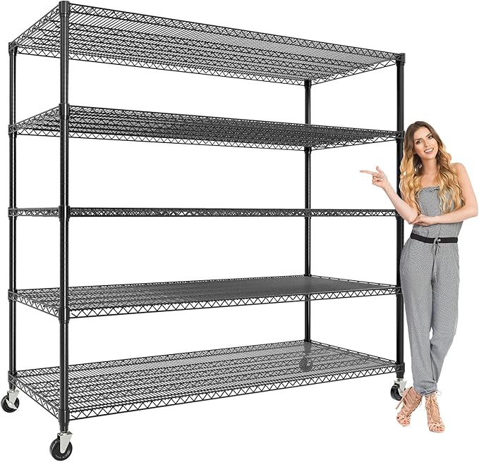 5 Tier Metel Shelving with Wheels, Garage Storage Shelves Heavy Duty Rack Load 3300LBS, Ajustable Black Wire Shelving Unit, for Home Garage Basement, Easy Assembly, 59" W X 24" D X 82" H