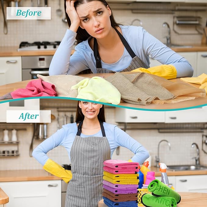 Microfiber Cleaning Cloth Set - 12 Pack Microfiber Towel 12"x12" with Printed Use Labels, Color-Coded Dish Rags Cleaning Towels, Reusable Rags for House, Kitchen, Car, Bathroom, Outdoor