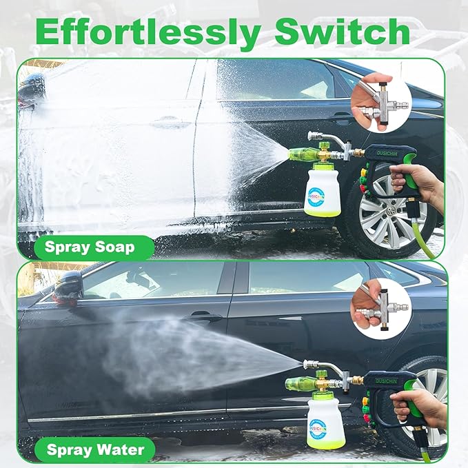 DUSICHIN Pressure Washer Gun Foam Cannon Dual Connector Shift Valve, Car Wash Foam Cannon Kit 1/4 Inch Quick Connector 5 Pressure Washer Nozzle Tips Build-in Design Work with A Pressure Washer DUS2703