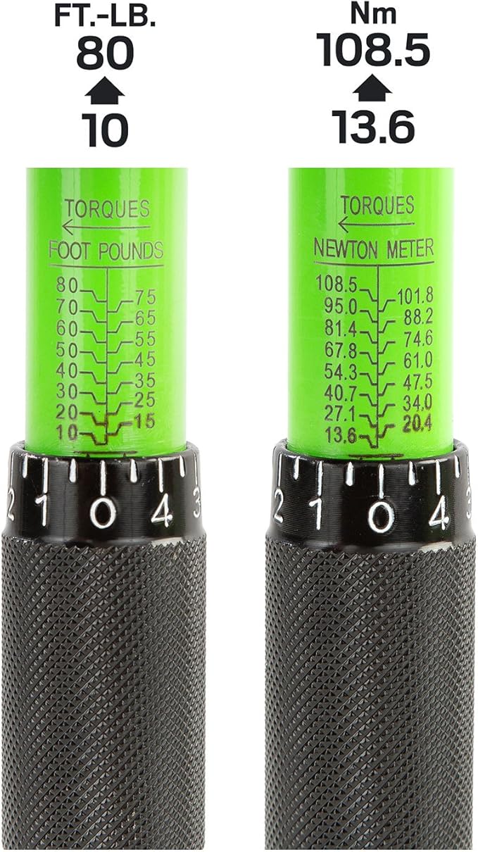 OEMTOOLS 25694 3/8” Drive Click-Style Torque Wrench | Green | 14.5” Long | 10-80 Ft-Lb (13.558-108.47 Nm) | Accurate to +/- 4% | Knurled Handle for a Secure Grip | Clicks at Desired Torque