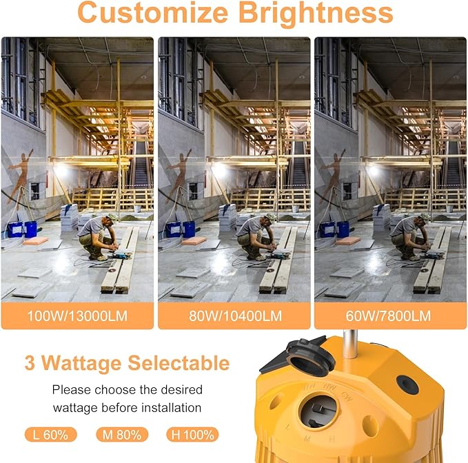 LED Temporary Work Light,100W/80W/60W Adjustable,4500K/5000K/5700K CCT Adjustable Construction Light with 10ft Cable Plug and Sturdy Hooks Linkable LED Work Job Site Lighting ETL Listed AC100-277V