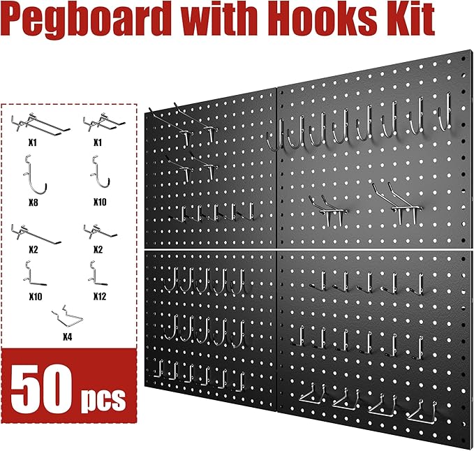 4 Pack Metal Pegboard Panels with 50 Hooks, Black Pegboard Wall Organizer, Pegboard Accessories, Heavy Duty Garage Tool Storage System for Workbench, Workshop, Office, Craft Room