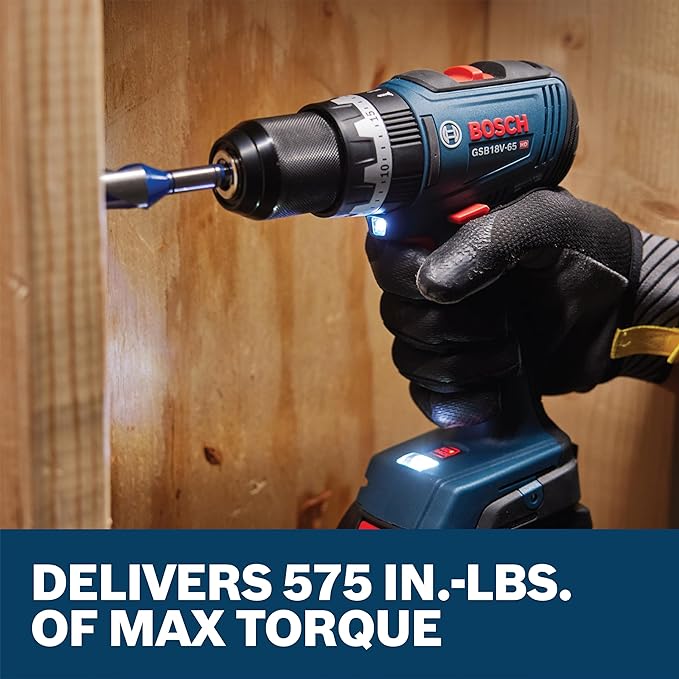 BOSCH GSB18V-65B12 1/2 In. Brushless Hammer Drill/Driver Kit - 575 In.-Lbs. Max Torque, Switchable KickBack Control, Rapid Mode Selector, Dual LED Worklights, Battery and Charger Kit Included