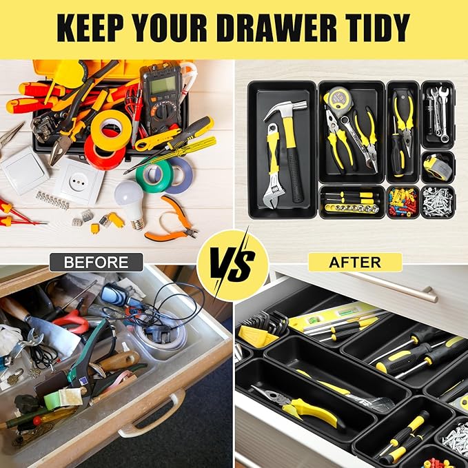 60PCS Tool Box Organizer Tray Divider, More Large Sizes-5 Sizes Desk Drawer Organizers Garage Tool Organizer and Storage, Black Plastic Tray Organizer Bins for Home Office Supplies and Tools