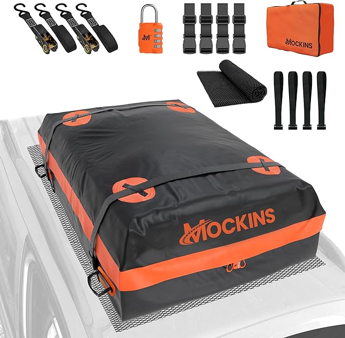 Mockins 20 Cu.Ft. Roof Cargo Bag for Top of Car | 53"x40"x17" All-Weather Rooftop Cargo Carrier Bag | Abrasion-Resistant Vinyl Car Top Carrier Without Roof Rack w/Mat, Straps, Hooks, Lock & Carry Bag