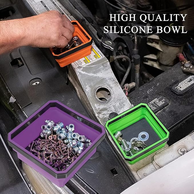 Collapsible Magnetic Parts Tray, 4.5" Square Silicone Tool Tray with Dual-Sided Magnetic Base, Foldable Small Metal Parts Organizer Storage Bowl for Screws Bolts Nuts Washers (Purple)