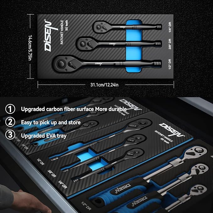 DISEN 3PCS Black Ratchet Wrench Set (1/2", 3/8", 1/4" Drive) - 90-Tooth Drive Ratchet Socket Wrench, Black Oxide Finish with Reversible Quick Release & EVA Tray - Industrial Ratchet Wrench Kit