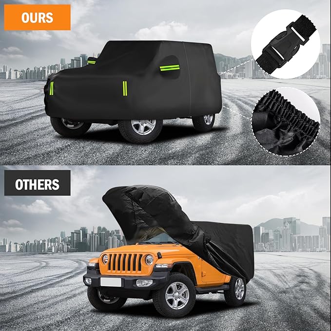 Waterproof Car Cover for Jeep Wrangler 2 Door 1987-2025 JK JL CJ YJ TJ Outdoor Sun Rain Snow Hail Protection with Driver Door Zipper
