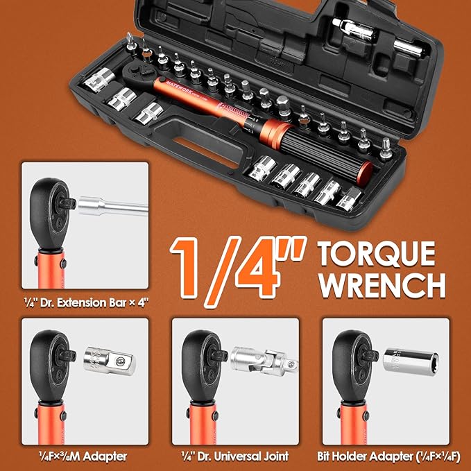1/4 Inch Drive Click Torque Wrench, 27 PCS Bike Torque Wrench Set Double Scale (1-25Nm/8.9-221.3lb.in), 0.1Nm High Precision with Bit Sockets, 3/8 Adapter, Extension Bar, for Bicycle Maintenance