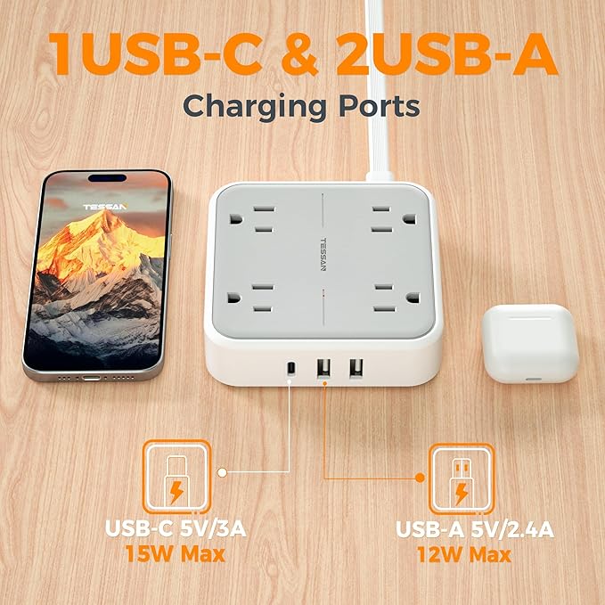 TESSAN Surge Protector Flat Extension Cord 5Ft, Flat Plug Power Strip with 4 Outlets 3 USB Ports (1 USB C), 1875W 15A, 900 Joules Protection, Multiple Wall Outlet Extender Suitable for Home, Grey