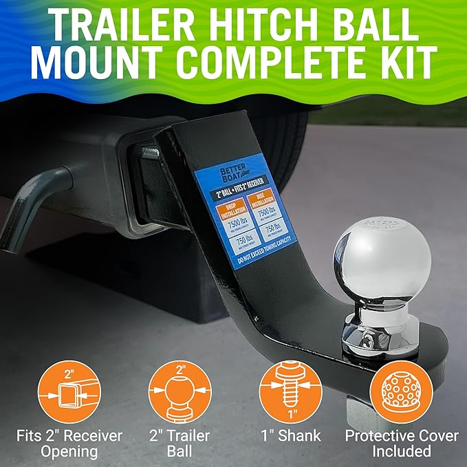 2 Inch Ball Hitch Mount Kit with Trailer Ball, Pin and Cover, Fits 2 Inch Receiver, 7500 lbs, 4 Inch Drop and 2 Inch Rise - Better Boat