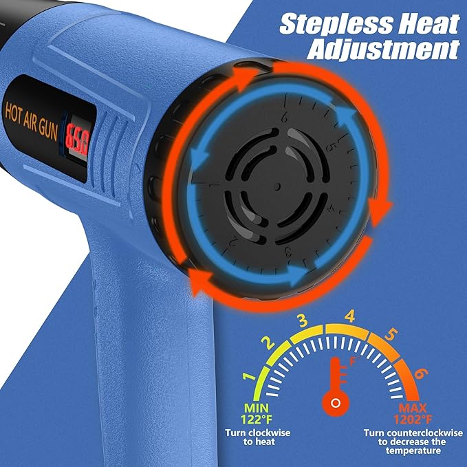 Heat Gun Side Lcd Digital Display 212 &1202℉ Dual-Lvel Temperature Control 4 Nozzles Heat Gun' Overload Protection for Crafting, Shrink Tubing, Vinyl Wrap, Shrink Wrap,5Ft Power Cord