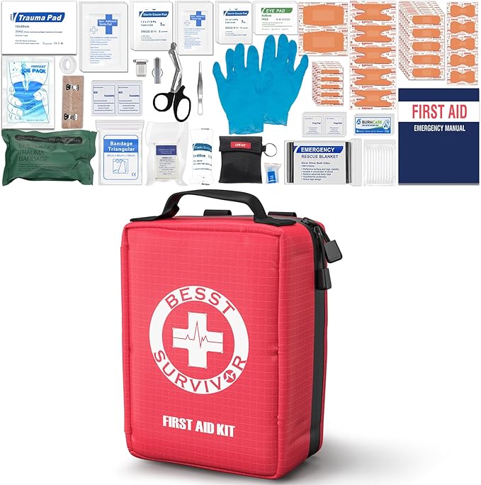 Besst Survivor Premium First Aid Kit - Waterproof Molle Medical Bag with Color-Coded Compartments, with Israeli Bandage, Rescue Blanket & CPR Mask for Home, Car, Hiking, Camping & Outdoor Emergencies