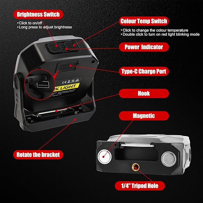 SUNPRO Magnetic Work Light Rechargeable, Portable FloodLight with Hook, Stepless Dimmable for Camping Car Repairing Emergency Job Site Lighting(1, Grey)