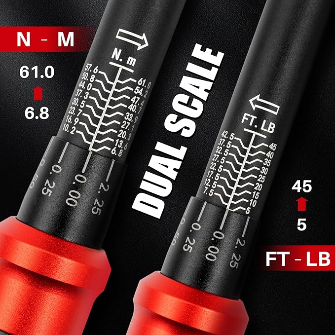 3/8-Inch Drive Click Torque Wrench - 5-45 Ft-Lb/6.8-61Nm, Dual-Direction Adjustable 72 Tooth Click Torque Wrench with Dual Range Scales, High 3% Precision for Bike, Motorcycle and Car Repair