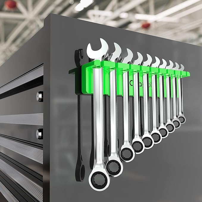 Olsa Tools Magnetic Wrench Holder Organizer - Green - Fits SAE 3/8" to 15/16" & Metric 10mm to 19mm - Durable Tool Storage Solution - Part 1141