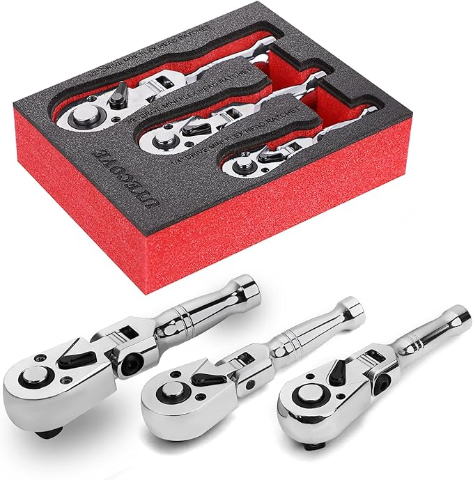 1/2 3/8 1/4 Inch Drive Stubby Ratchet Set, Flex Head Ratchet Set Stubby Ratchet Wrench Set, 72 Tooth Quick Release Swivel Head Ratchet Cr-Mo Head Socket Wrench Flexible Ratchet Handle