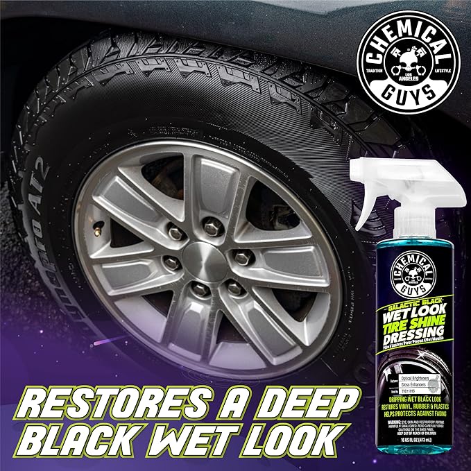 Chemical Guys Galactic Black Wet Look Tire Shine Dressing – High Gloss Tire Spray for Trim & Rubber – Restores Deep Black Shine and Protection for Cars, Trucks, Motorcycles and RVs, 16 oz