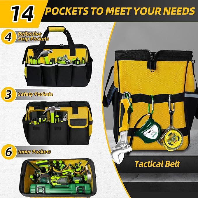 NECKORY Tool Bag, Portable Tool Box Organizer Adjustable Shoulder Strap, Carry Tool Tote Heavy Duty Tool Storage Bag With Wide Mouth,Tool Bags for Men Mechanic EngineerGift - L, Yellow & Black